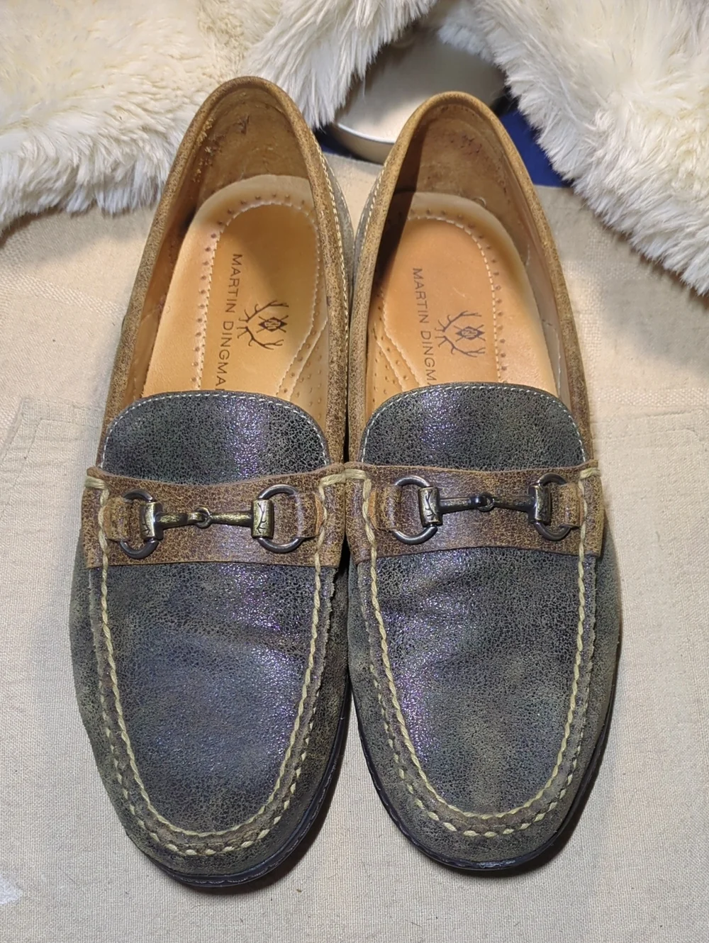 Martin Dingman Olive Green & Brown Leather Bit Loafers Pristine Condition $125